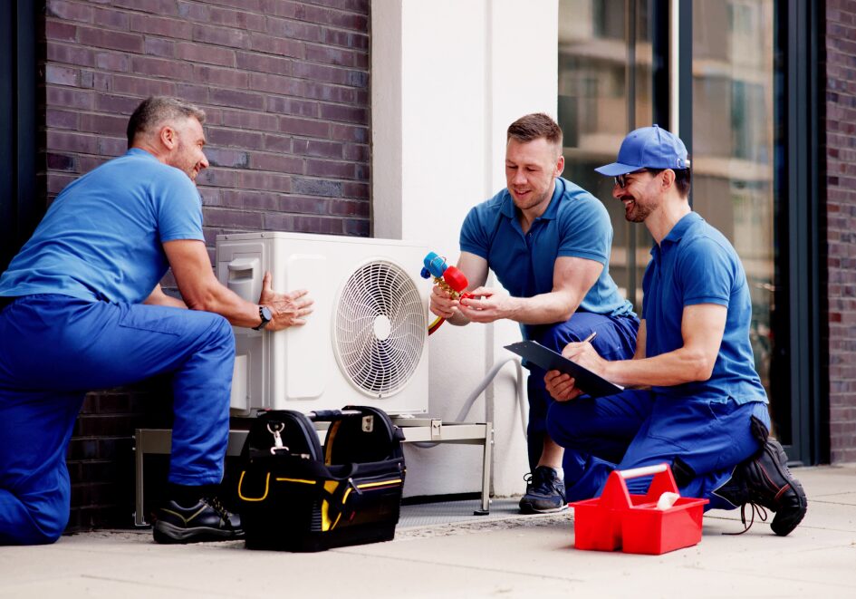 Technicians installing an outdoor air conditioning unit.